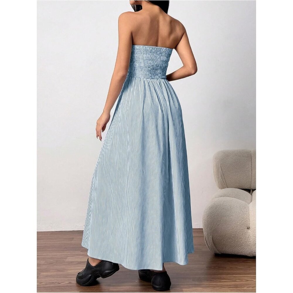Women's Blue And White Strapless Maxi Dress Summer Tube Top Long With Pocket - Picture 2 of 5